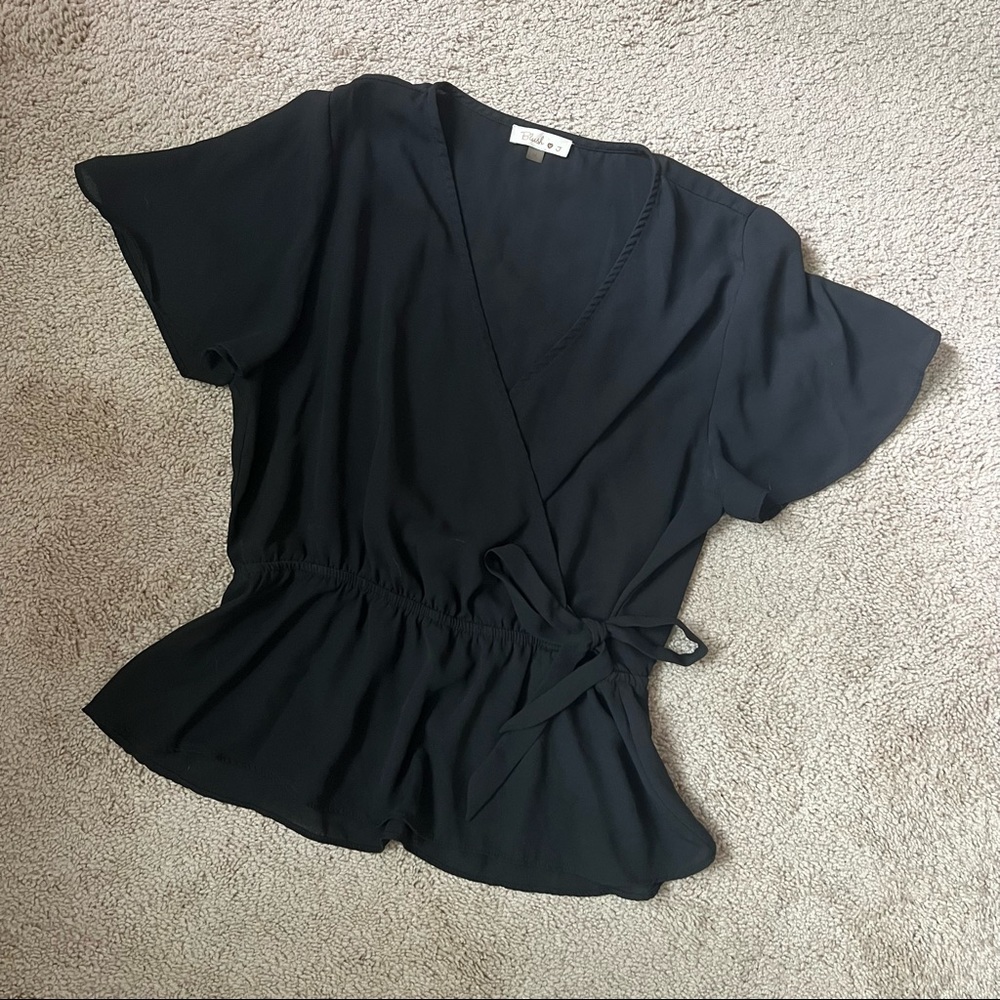 Black Short-Sleeve Tie Blouse